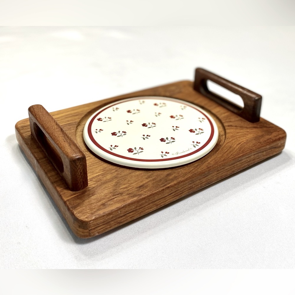 Vintage Goodwood Genuine Teak Wood Cheese/Charcuterie Floral Board Ceramic plate